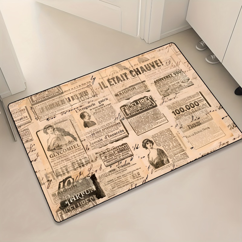 Commercial Newspaper Printing - ヴィンテージフランス新聞プリントフランネルドアマットレトロアンティーク紙柄滑り止めフロアマット屋内玄関装飾